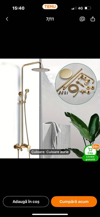Baterie duș cu pară și floare aurie nouă