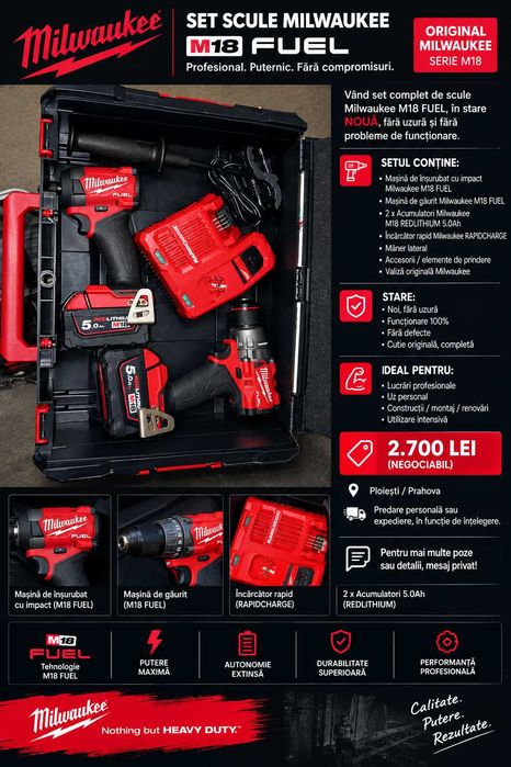 Set Scule MILWAUKEE M18 FUEL – 2 Acumulatori 5.0Ah – NOU