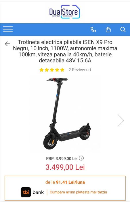 Vând trotinetă electrică, pliabilă ISEN X9 Pro ,10 inch, 1100w, baterie 48V 15,6A