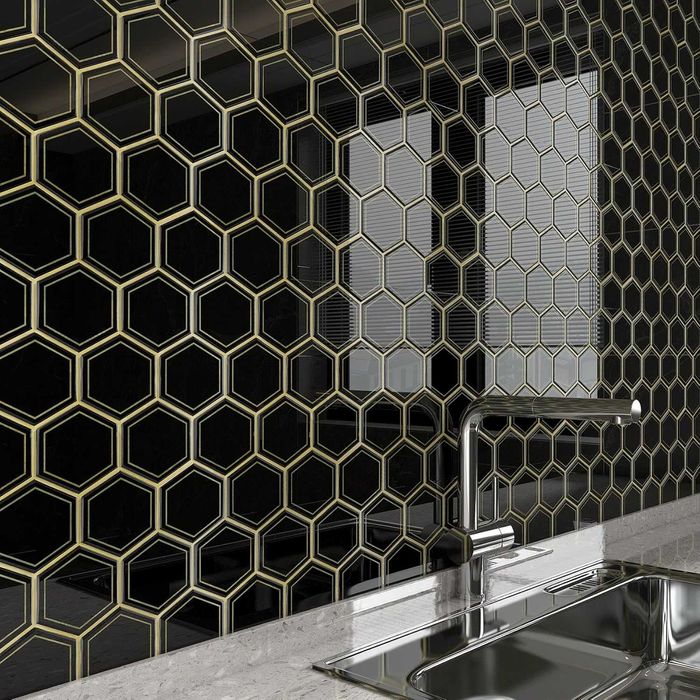 Faianta autoadeziva 3D set 16 buc 30.5x30.5 cm bucatarie baie negru auriu hexagon -LIVRARE GRATUITA !