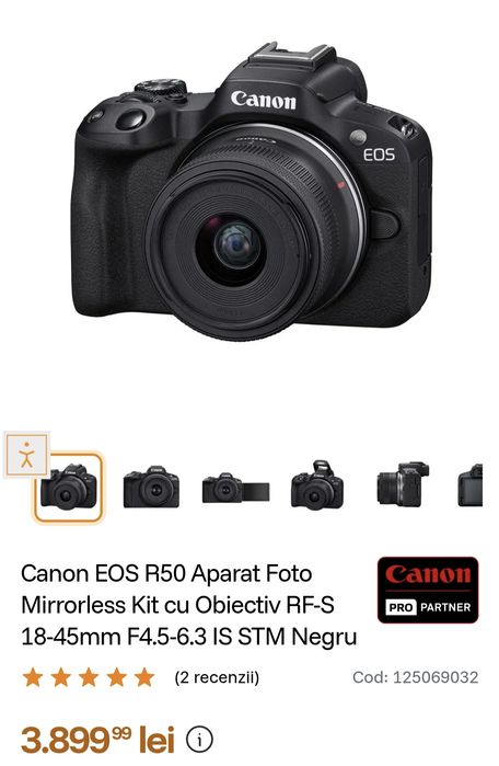 Canon EOS R50 Aparat Foto Mirrorless Kit cu Obiectiv RF-S 18-45mm F4.5-6.3