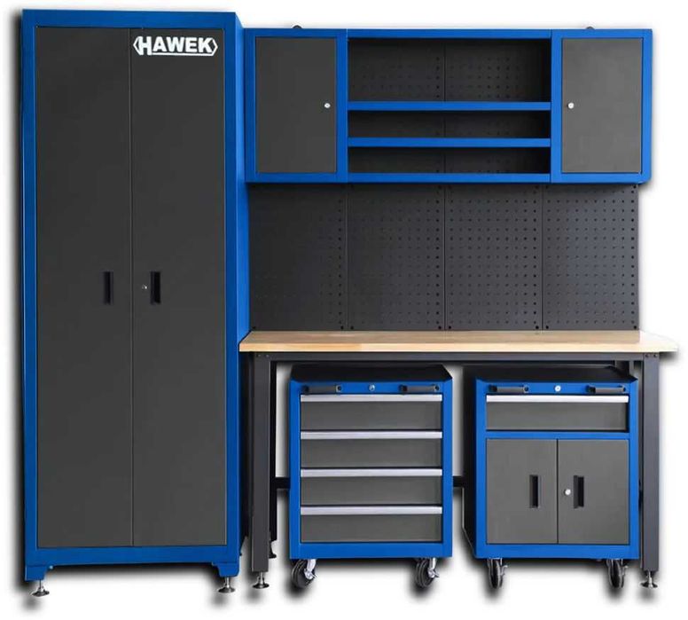 Комплект работна маса, шкафове и сервизни колички – метални HAWEK