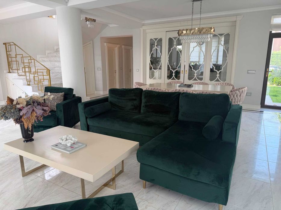 Set living verde catifea ( canapea extensibila, taburet, scaun)