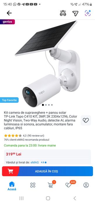 Sigilat SUPER PRET ! Camera Tapo C410 kit cu panou solar inclus + WIFI