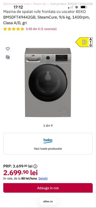 Vand masina de spalat cu uscator beko 9kg noua