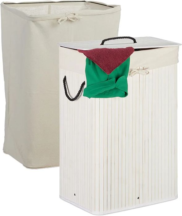 Бамбуков кош за пране Relaxdays, сгъваема кошница с капак, 80 л