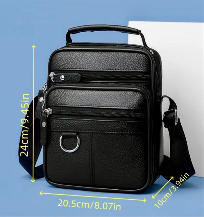 Мъжка функционална чанта с дръжка /Черна естествена кожа -10% Промоция