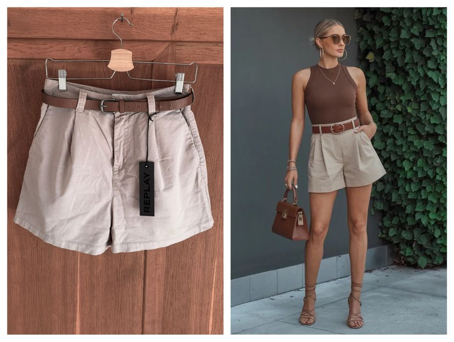 Replay чино къси панталони с висока талия в бежово кафяво