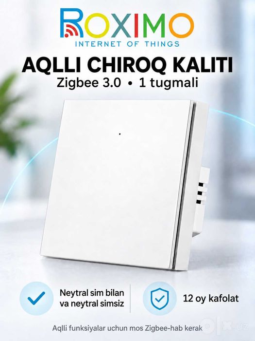 Умный выключатель ROXIMO Zigbee 3.0, одноклавишный, с нейтралью и без