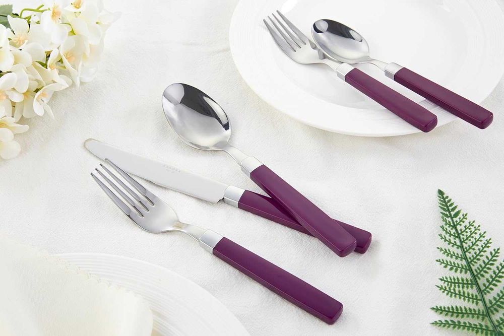Комплект прибори от неръждаема стомана с лилави дръжки – 20 части