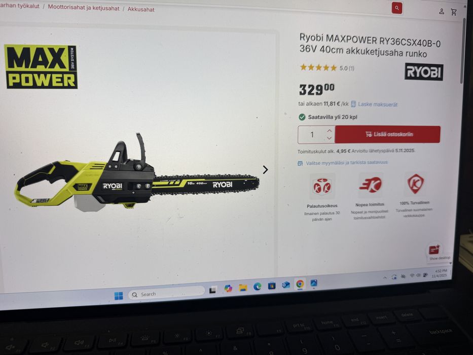 Ryobi-Fierăstrău cu lanț fără perii de 40cm cu acumulator de 36V