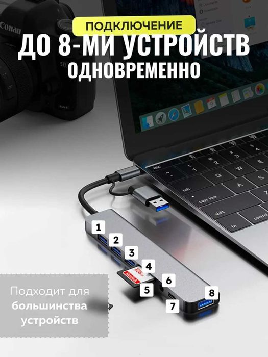 Perexodnik hub 8portli usb hub 8portlik 8в1 MacBook Iphone va boshqa
