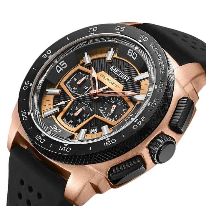 Мъжки часовник MEGIR, японски кварц, хронограф,  черен с розово злато