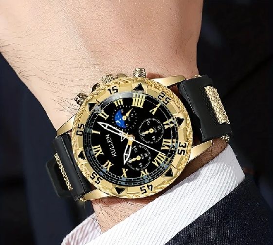 Ceas bărbați elegant auriu-negru, curea silicon