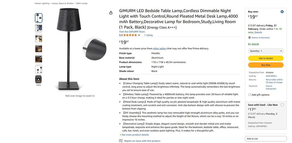 Lampa de masa led reincarcabila USB-C metalica cu touch dimabila birou