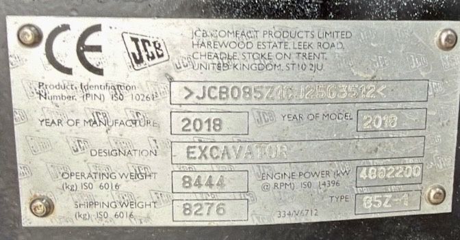 Excavator JCB 85Z1 / 2018 / 8400 ore / Motor Kohler / Cupla rapida + cupa 60 cm  noua