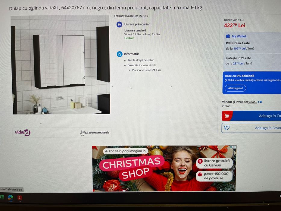 Vand dulapior NOU, de baie negru cu oglinda, NOU, 64 cm