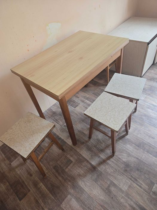 Маса с четири стола , кресло , таборетки, ракла и нощно шкафче