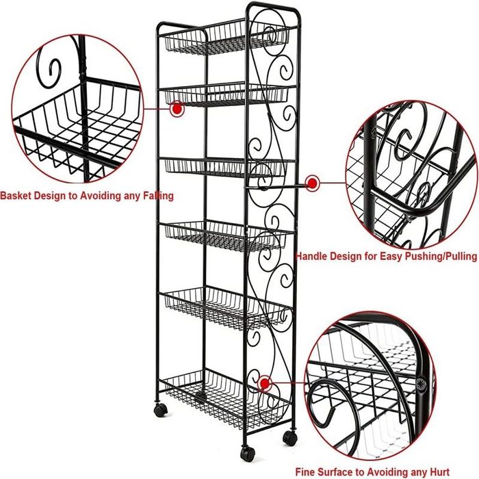 Метален стелаж на 6 нива с колелца за дома MW0109BK-N