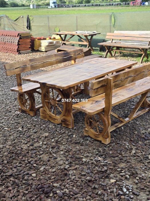 Set masă cu băncute si scaune rustic  din lemn  balansoar leagan