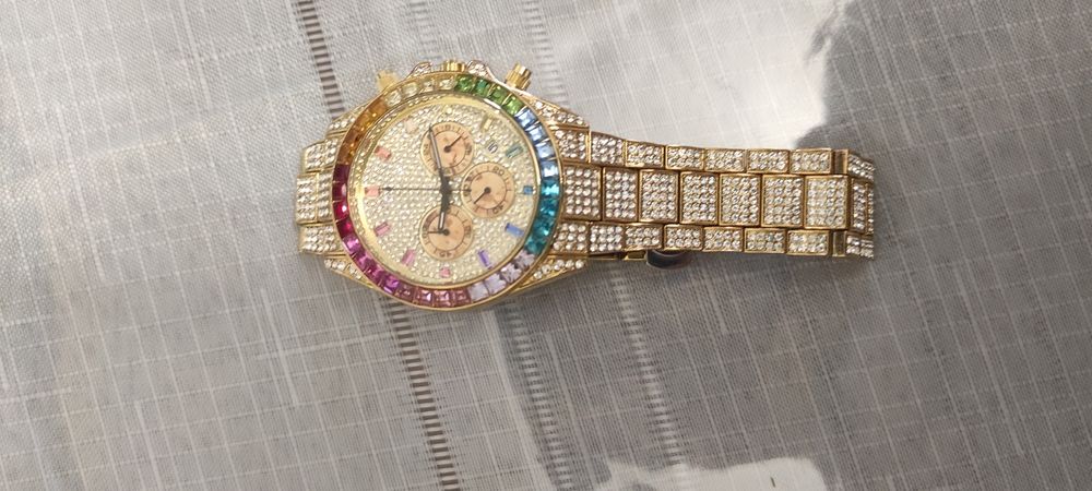 Часы Iced Out Gold Rainbow / Роскошные часы в стиле хип-хоп с камнями