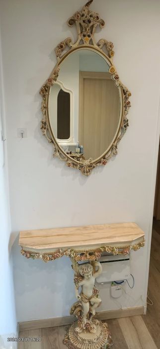 Mobilă sculptata lemn masiv cu blat de marmură naturală anii 1920