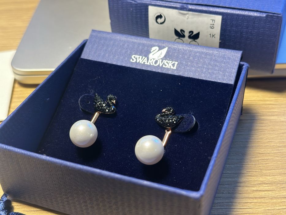 Cercei Swarovski swan lebada, detasabil, negru