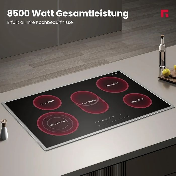 Стъклокерамичен плот за вграждане, 90 см, 5 зони, 8500W, инокс рамка, трифазно захранване, GASLAND CH905BF34B