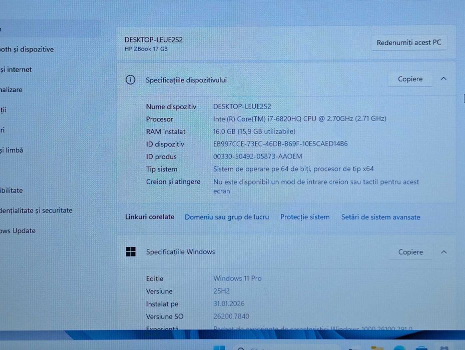 Laptop HP Zbook 17 G3, intel core  i7 6820Hq, Ram 16 GB ddr4, ssd 256