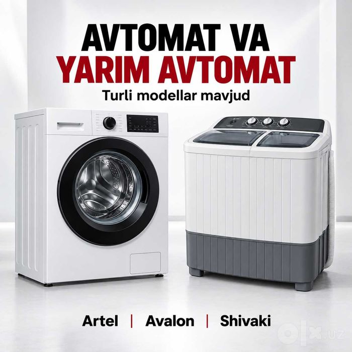 Kir yuvish mashinalari Artel, Avalon, Shivaki — kafolatli
