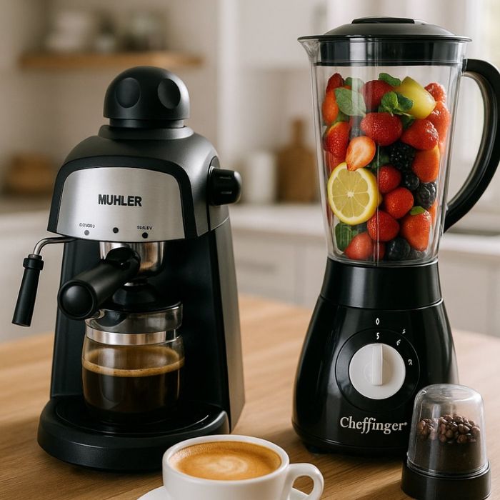 Комплект от еспресо машина MUHLER MCM-33 + 2 стъклени чаши и блендер