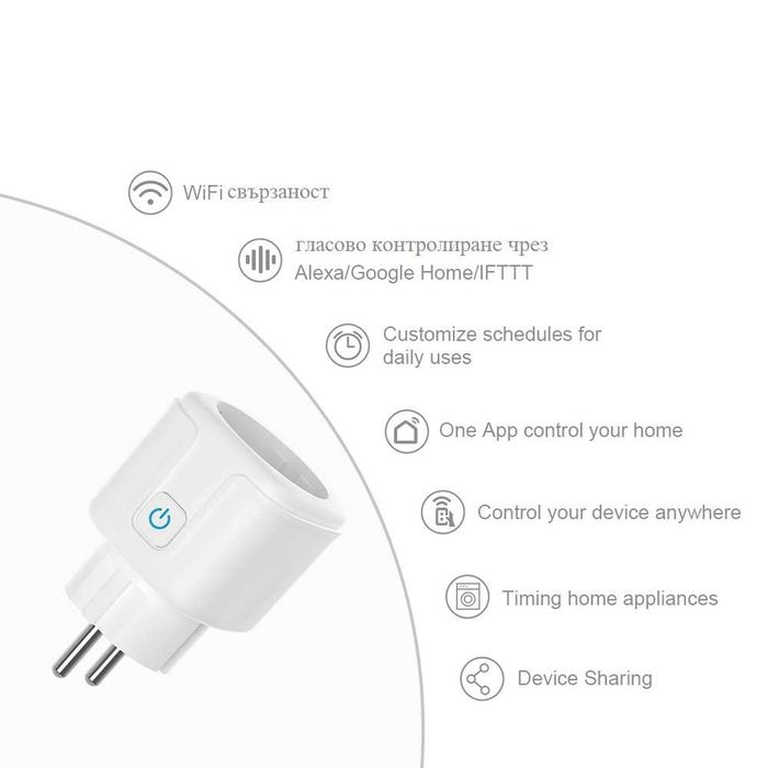 WiFi контакт адаптер 16А, 3500W Tuya Smartlife с електромер Tuya