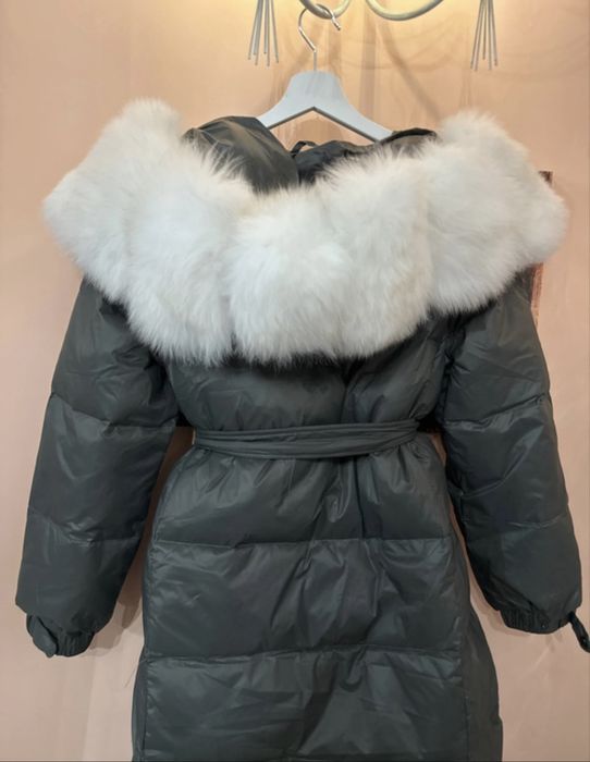 Geaca lunga puf gasca si blana de vulpe S-M noua