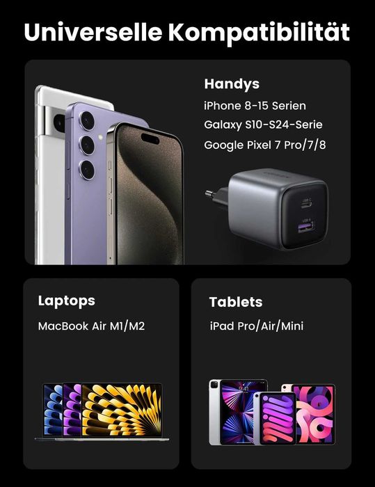 Încarcator UGREEN Nexode 35W 2 in 1 GaN v2 perfect pentru Iphone 16 Pro Max,  Galaxy S24 Ultra