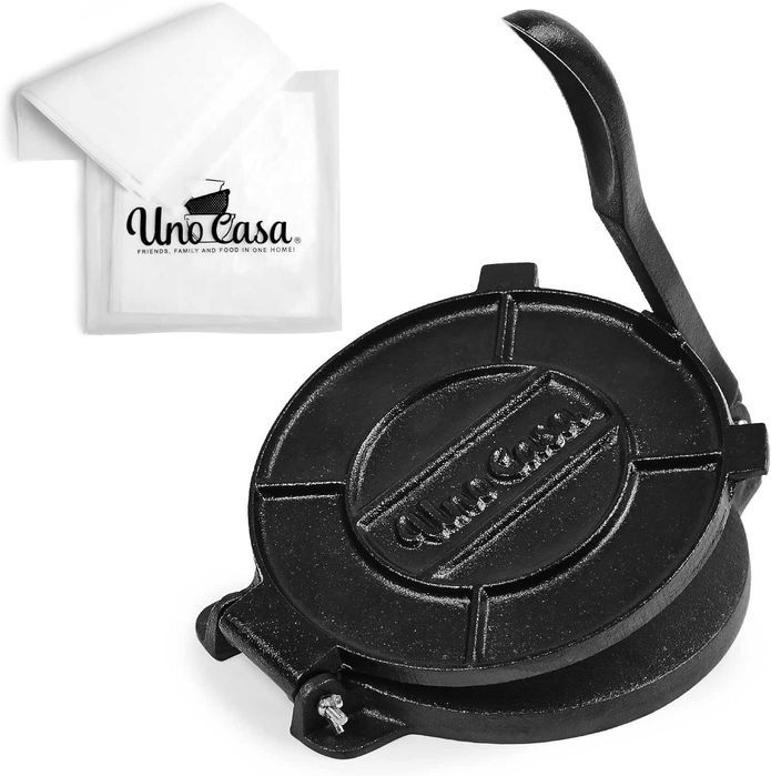 Presa tortilla UnoCasa, 20 cm, din fonta + pachet 100 hartie copt