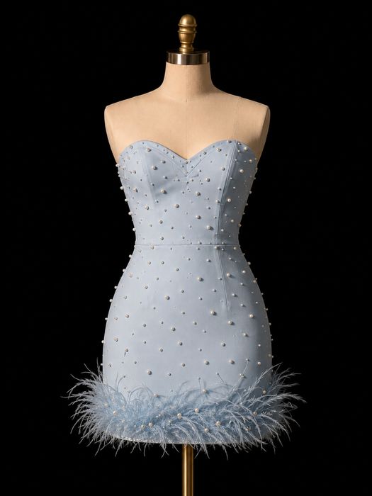 Rochie baby blue cu perle și pene – elegantă / de ocazie