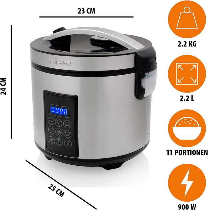 Tristar Rice and Steamer XL (2.2 л), функция за затопляне 24 часа, 7 програми, дигитален контролен панел, таймер, за 8-10 души, без BPA, лек ДЕФЕКТ