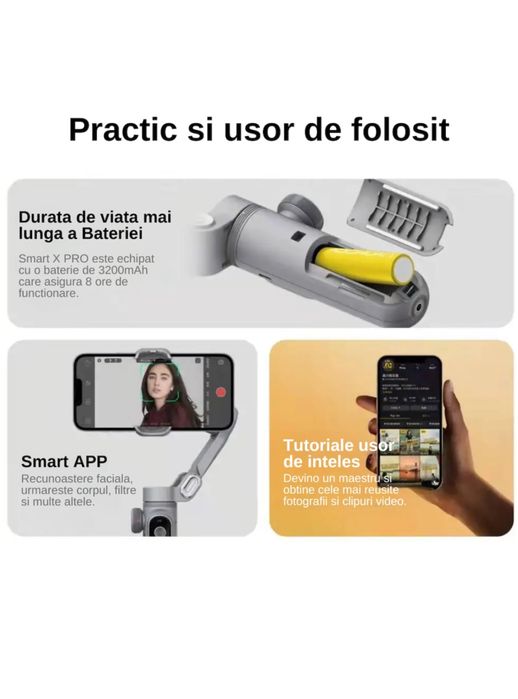 Sistem de stabilizare Gimbal Smart X Pro, 3 axe, trepied, Androit/IOS