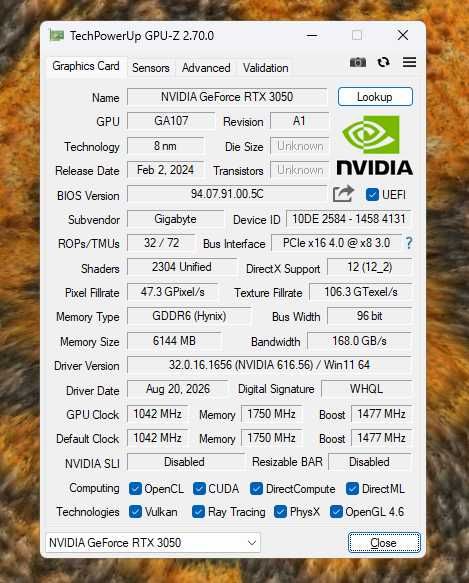 Видеокарта RTX 3050 6GB