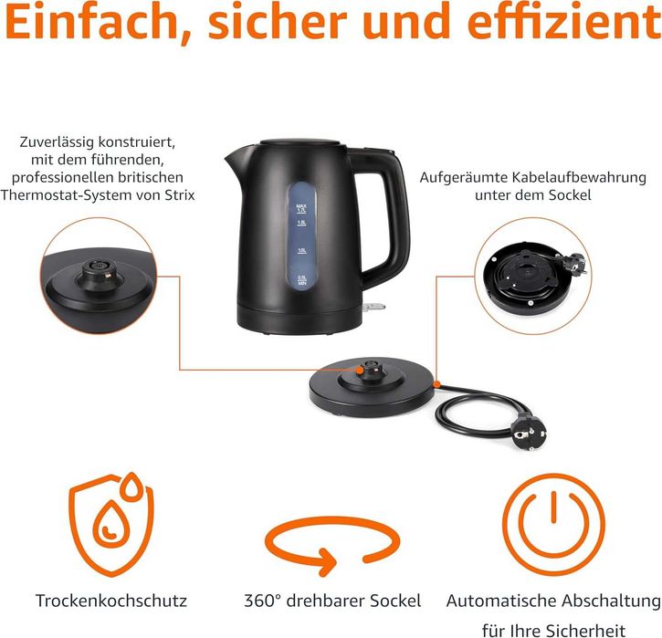 Кана Amazon Basics 1.7 л, 2200 W, без BPA с 360° основа, автоматично изключване и подвижен филтър за котлен камък, матово черно