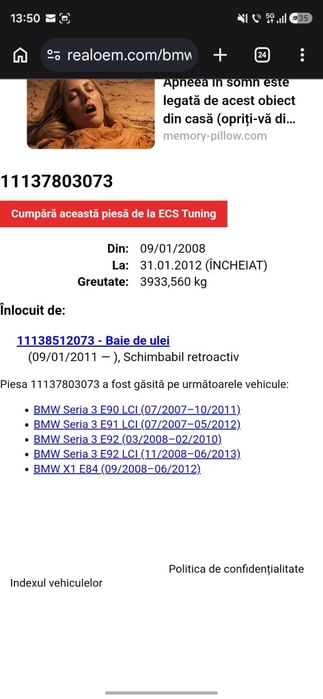 Baie de ulei Xdrive motor N47D20C, cu tot cu senzor, număr wapp +393272235043