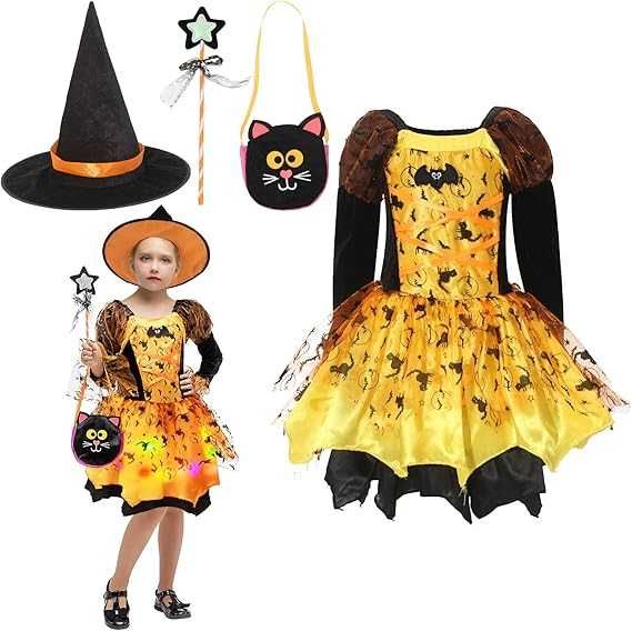 Cloudkids „Светеща вещица“ Хелоуин костюм за момиче, рокля + шапка