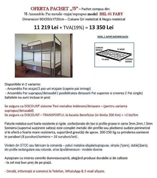 Ofertă Pachet 15 Seturi Paturi Metalice BEL-01 FABY/Producător