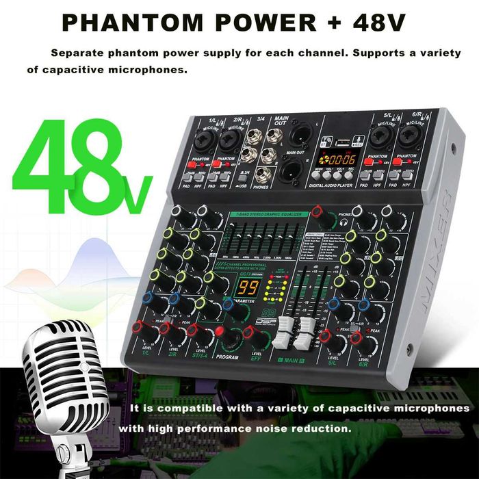Pasiv mixer audio 6 canale AK6 Stereo canal 99 Efecte digitale DSP USB Bluetooth Egalizator 7 benzi