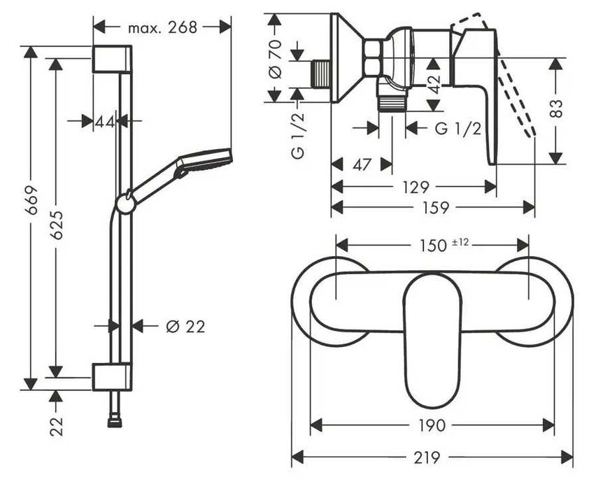 Vand baterie dus/cada completa cu furtun si bara .