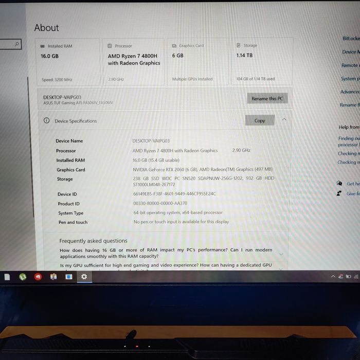 Laptop gaming asus ryzen 7 4800h rtx 2060 6gb 16 gb ram