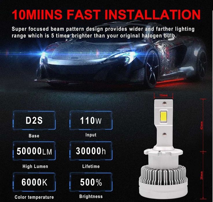 Комплект 2 броя LED диодни крушки D2S за xenon 12-24V 50000lm Canbus без грешки 6000K