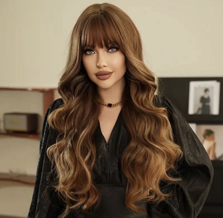 Високотемпературна Кестенява коса Перука 76см 150% плътност