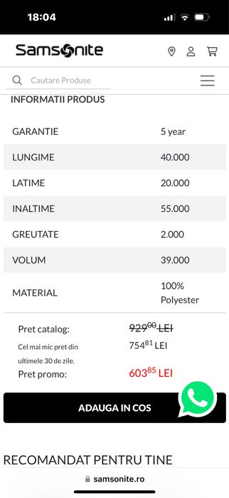 Vand valiza de cabina Samsonite spinner, 55 cm, 2 kg greutate