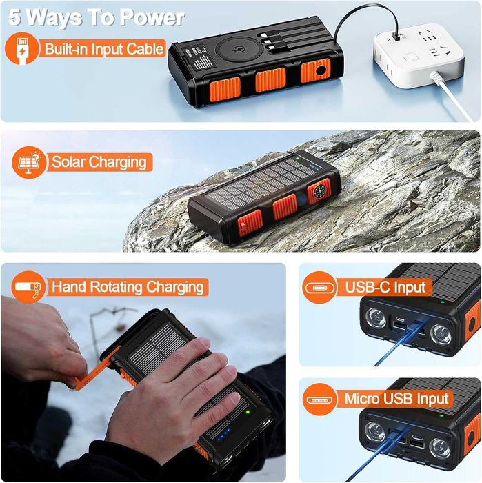 Baterie externă solară wireless 26800 mAh cu manivelă și 4 cabluri, încărcător solar Power Bank cu încărcare rapidă USB-C, 7 ieșiri și 4 intrări